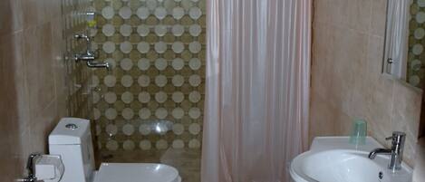 Une salle de bain équipée de toilettes, d’un bidet, d’un lavabo et d’un rideau de douche.