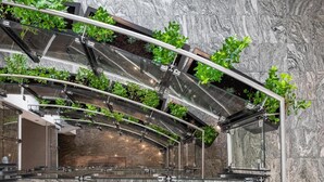 Un baño moderno con cabina de vidrio curva, paredes de mármol y plantas verdes creciendo en la estructura.