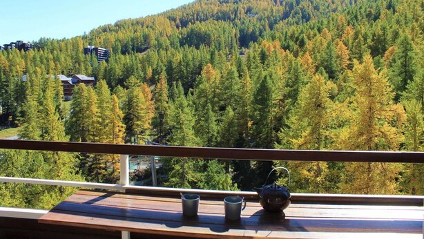 A balcony with a view of a forested mountain and a lodge in the background.