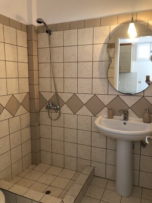 Combined shower/bathtub, hair dryer, towels, toilet paper