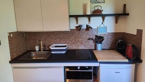 A compact kitchen with a sink, stove, and a small refrigerator.