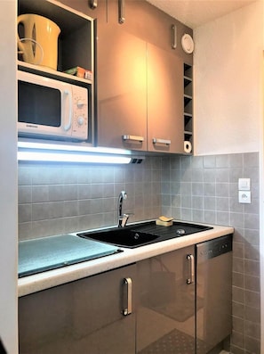 Fridge, microwave, dishwasher, coffee/tea maker