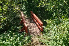 A wooden bridge with red railings surrounded by dense green foliage. - Lutsen Sea Villas (Lutsen)