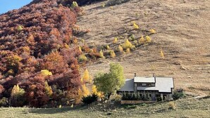 A modern house with a sloped roof, surrounded by a grassy field and trees with autumn foliage.
