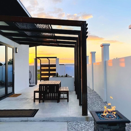 Terrace/patio. Vacation home with private hot tub.