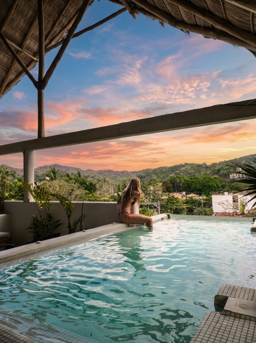 A pool area with a person sitting by the edge, overlooking a landscape with hills and buildings.