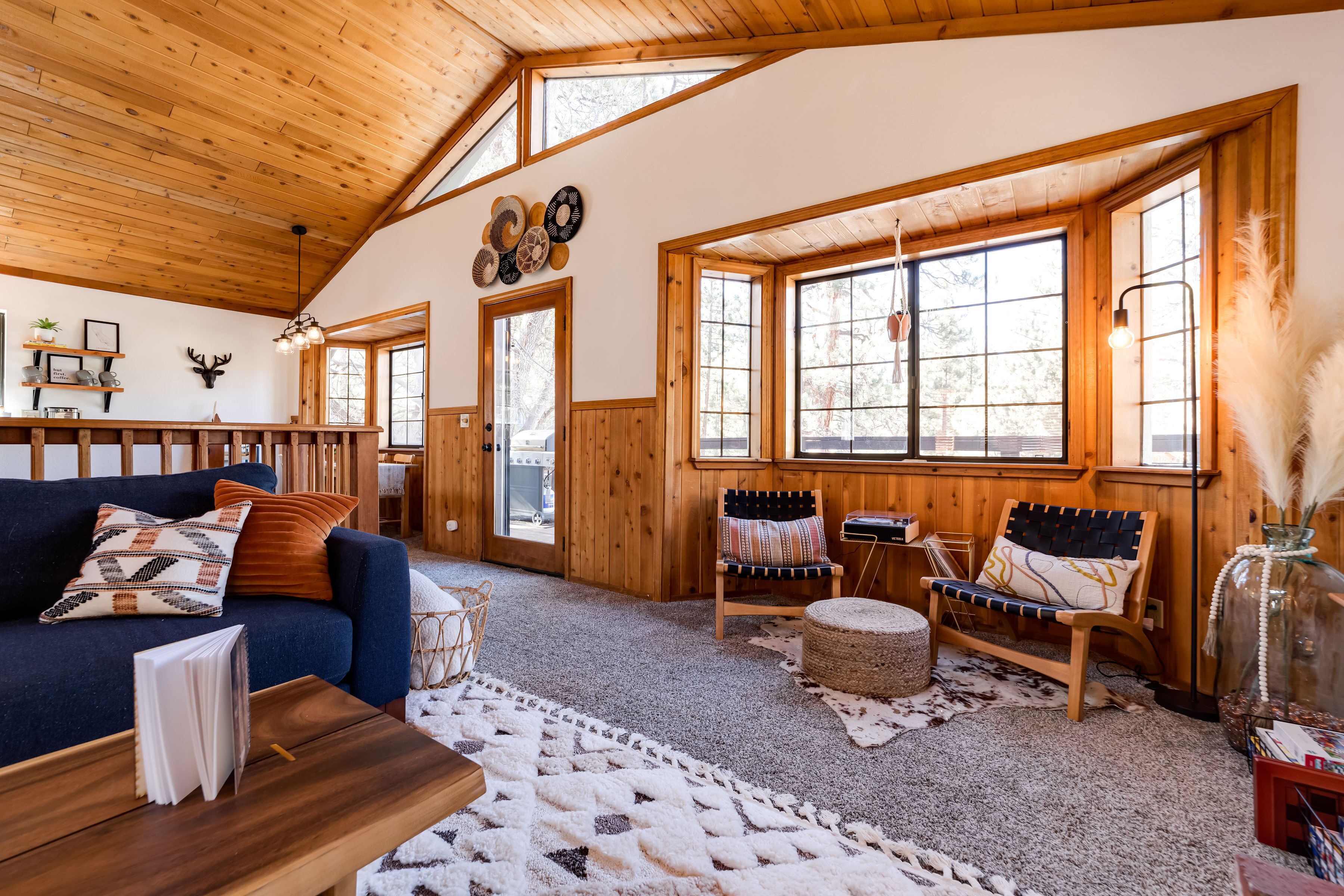 TV connectée, cheminée, livres, chaîne hi-fi