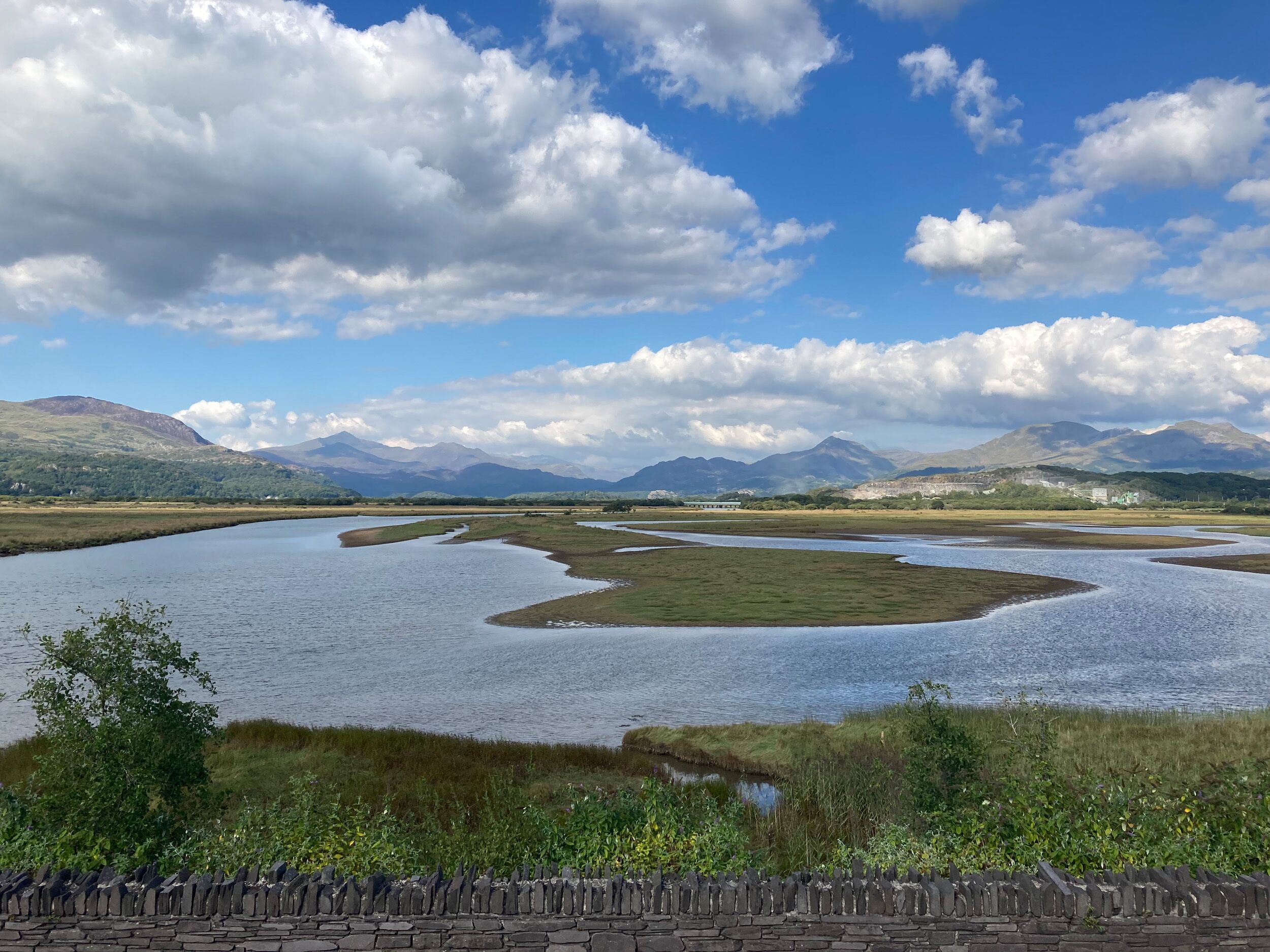 Un paisaje con un río, zonas de césped y montañas al fondo.