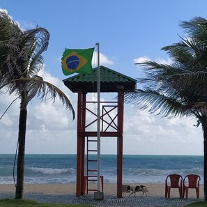 A lifeguard tower with a Brazilian flag, a beach, and a dog walking by. - APT 3 suites: Cond Aquaville - 1 km from Beach Park (Aquiraz)