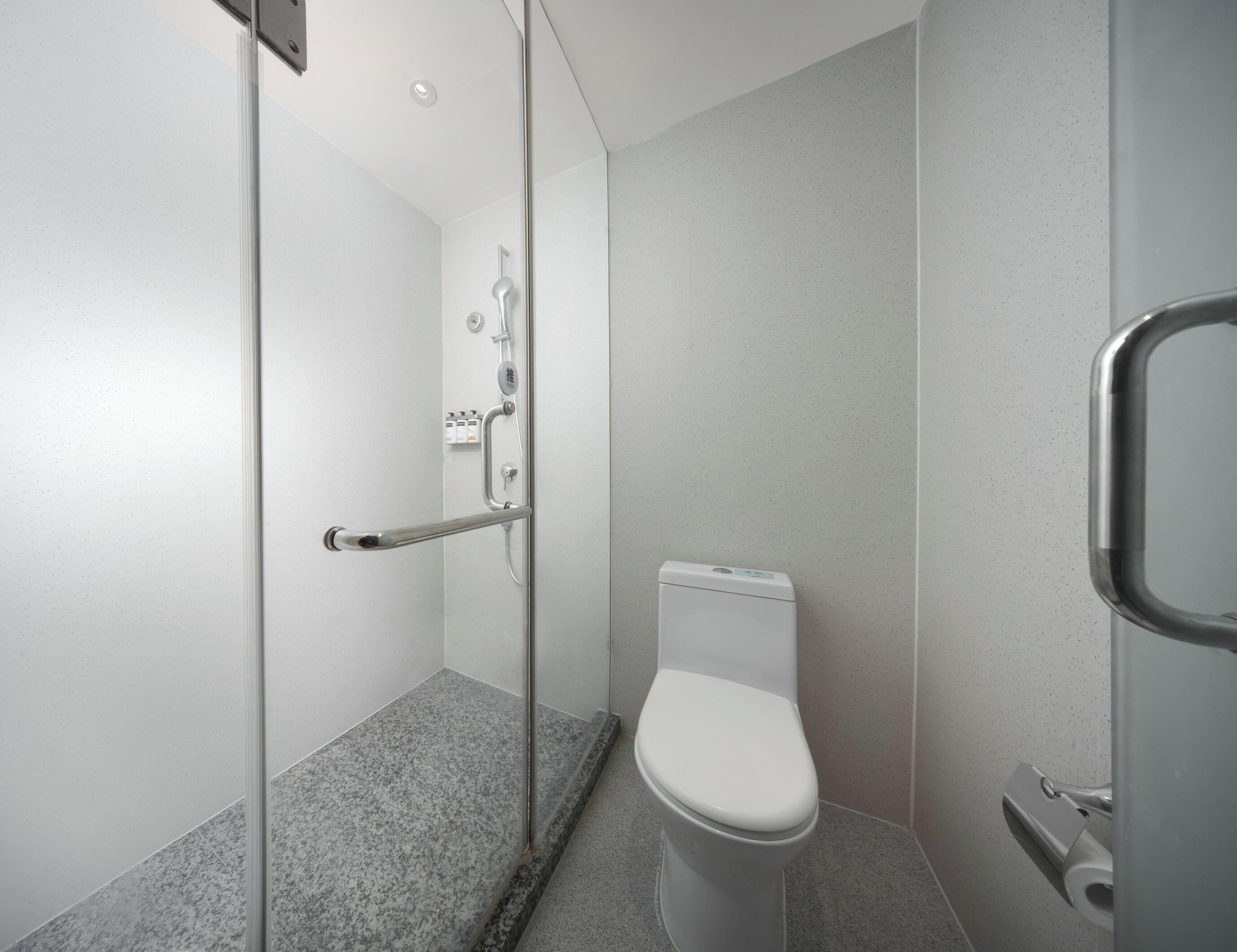 Une salle de bain moderne avec une douche à parois de verre, des toilettes blanches et une barre d’appui.