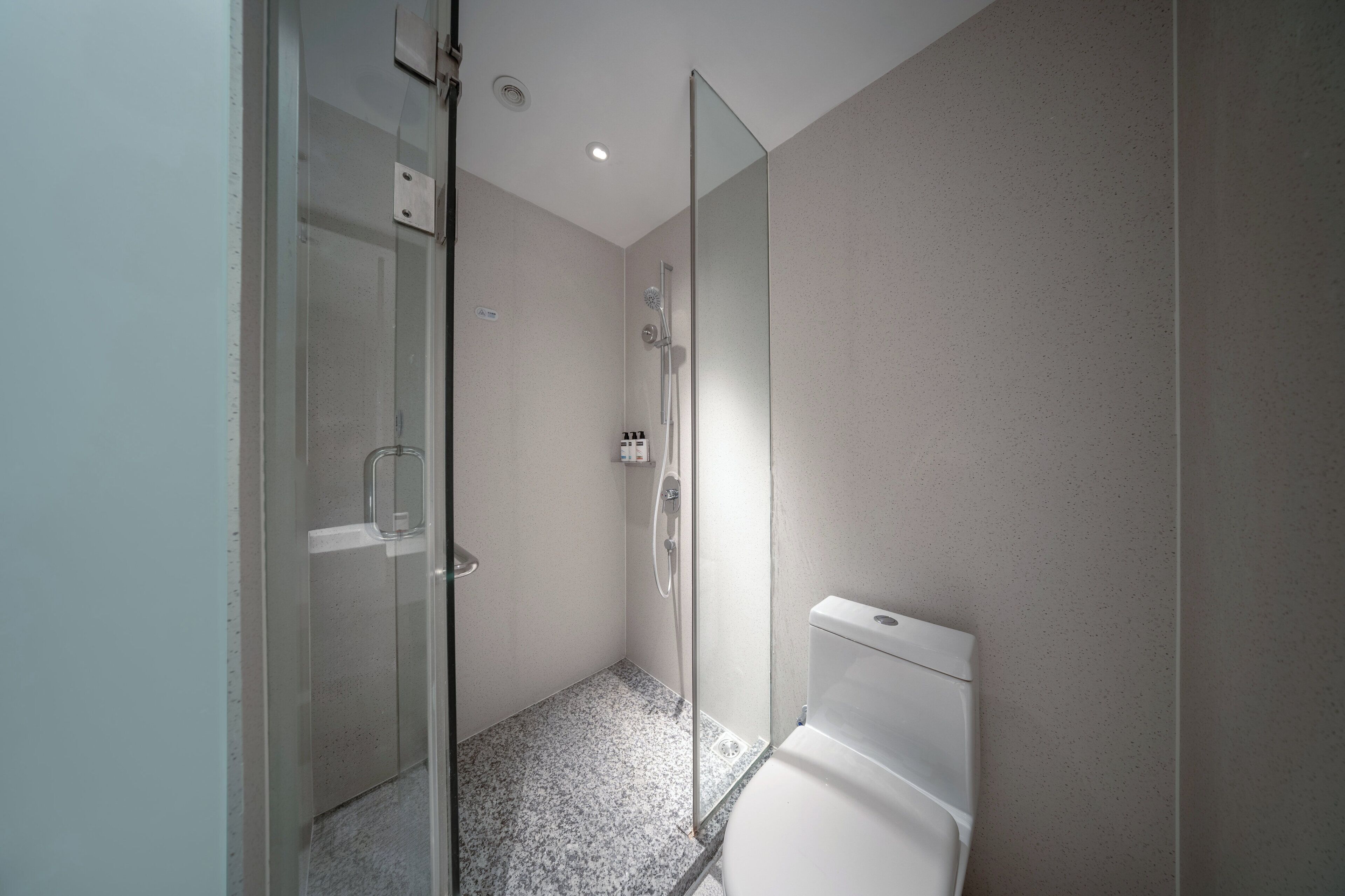 A modern bathroom with a glass-enclosed shower, a toilet, and a small storage cabinet.