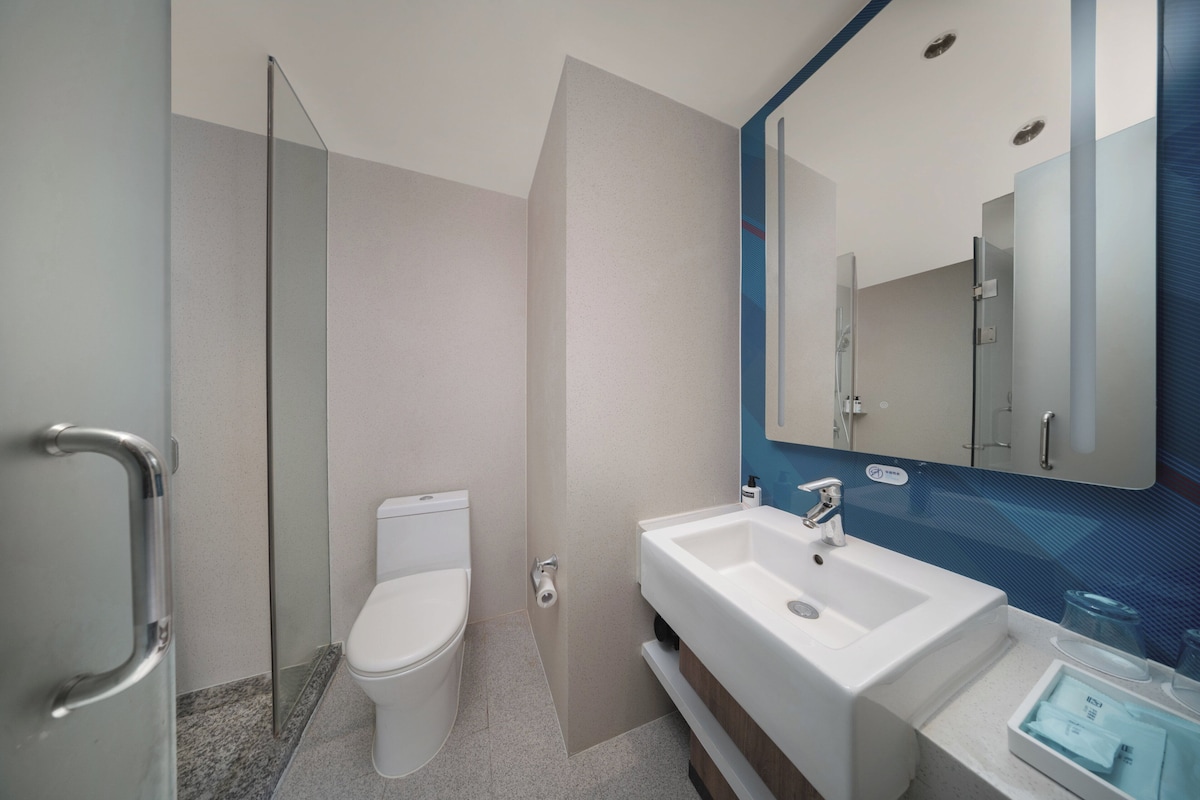 A modern bathroom with a toilet, a shower, and a sink with a mirror.
