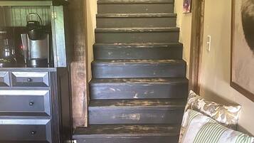 Smart TV, fireplace, books, stereo