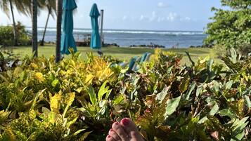 On the beach, sun-loungers, beach towels
