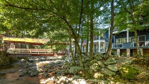 A serene riverside setting with a wooden bridge, stone rocks, and lush greenery.