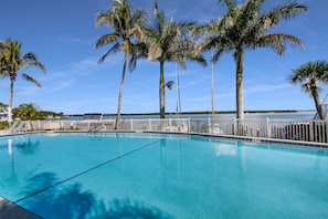A clear blue pool surrounded by palm trees and a white fence, with a view of the water and a distant shoreline.
