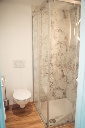 Shower, hair dryer, towels, soap