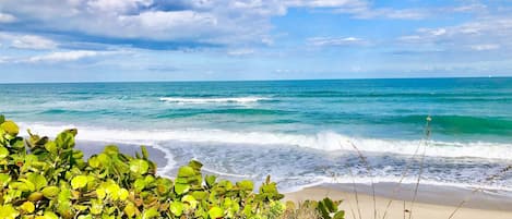 Na praia, espreguiçadeiras, toalhas de praia 