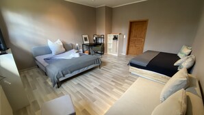 Una habitación de hotel moderna con una cama grande, un sofá, un escritorio y un armario.