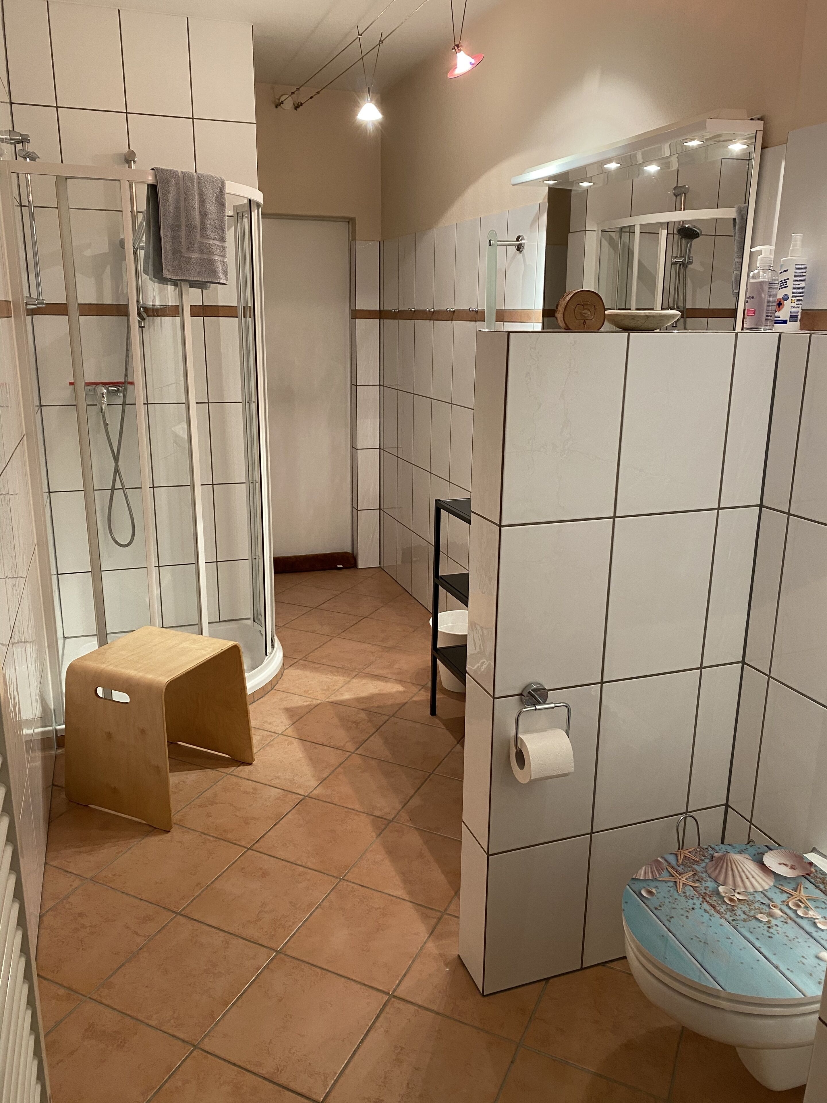 A bathroom with a shower, toilet, and a small wooden stool.