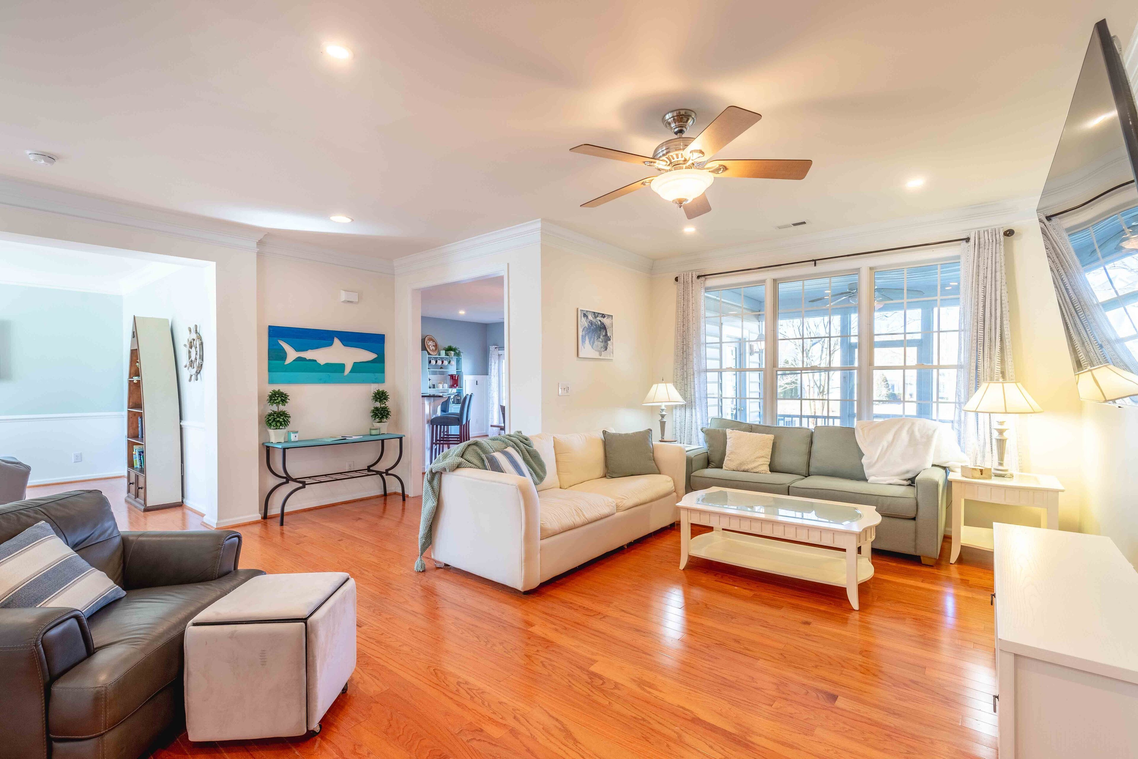 Smart TV, fireplace, video games, DVD player