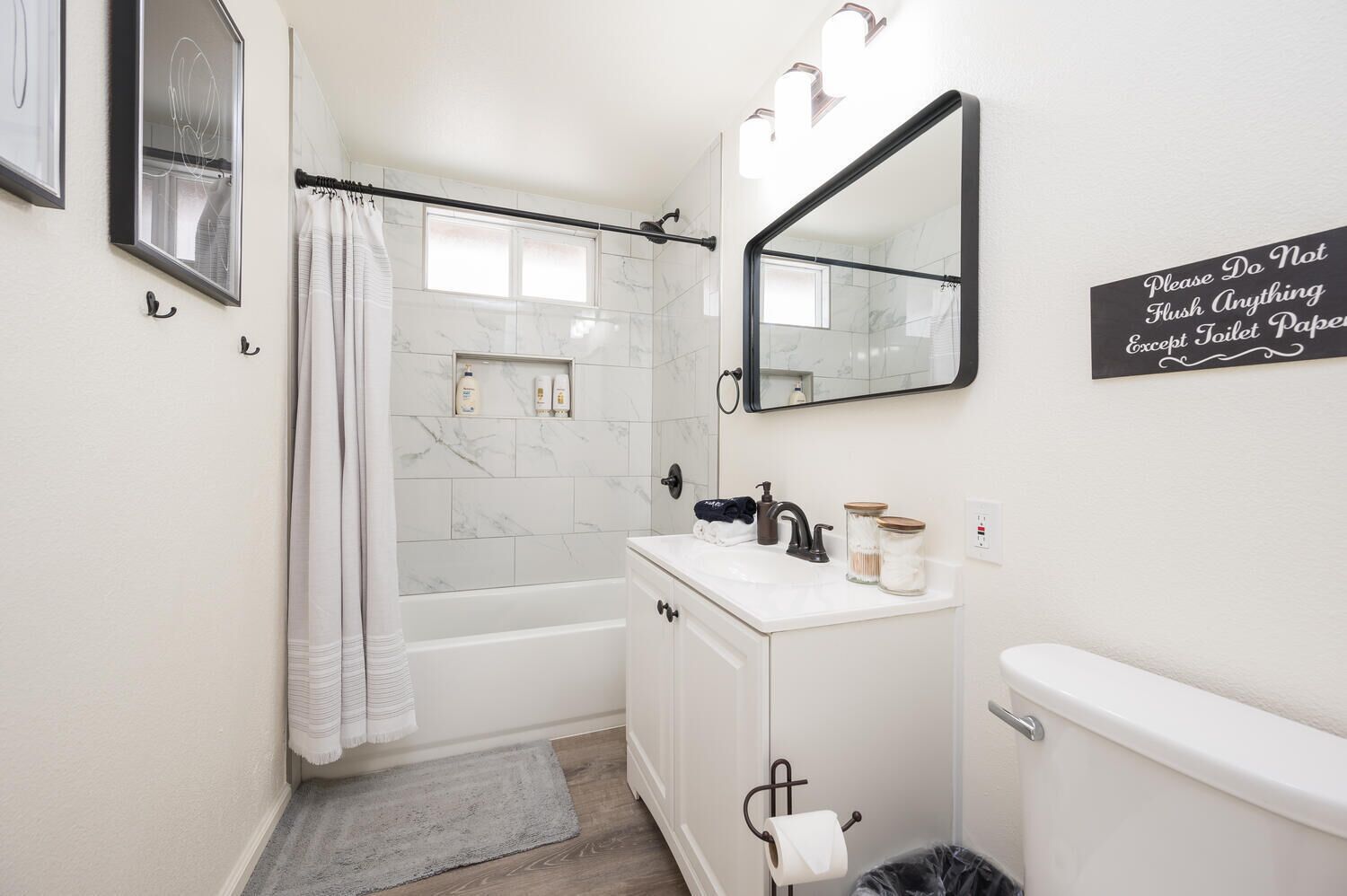 Combined shower/tub, hair dryer, towels, soap