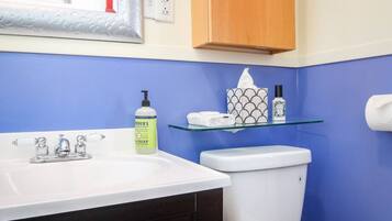 A bathroom with a white sink, a toilet, and a glass shelf with toiletries.