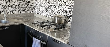 Een koelkast, een oven, een kookplaat, een waterkoker