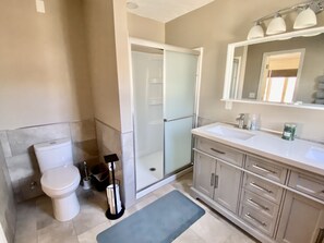 Combined shower/bathtub, hair dryer, towels, soap