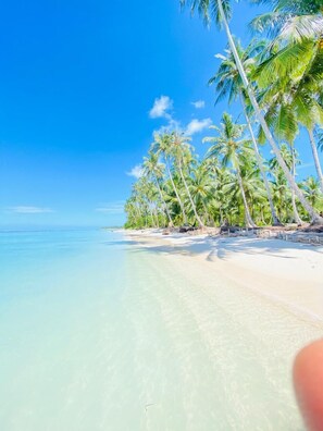 On the beach, sun-loungers