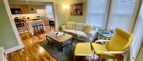 Smart TV, fireplace, books