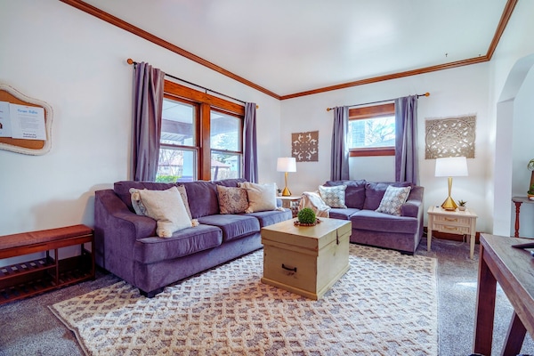 Beautifully decorated living room space with comfortable couch and loveseat. 55in Smart ROKU TV to stream your favorite shows.