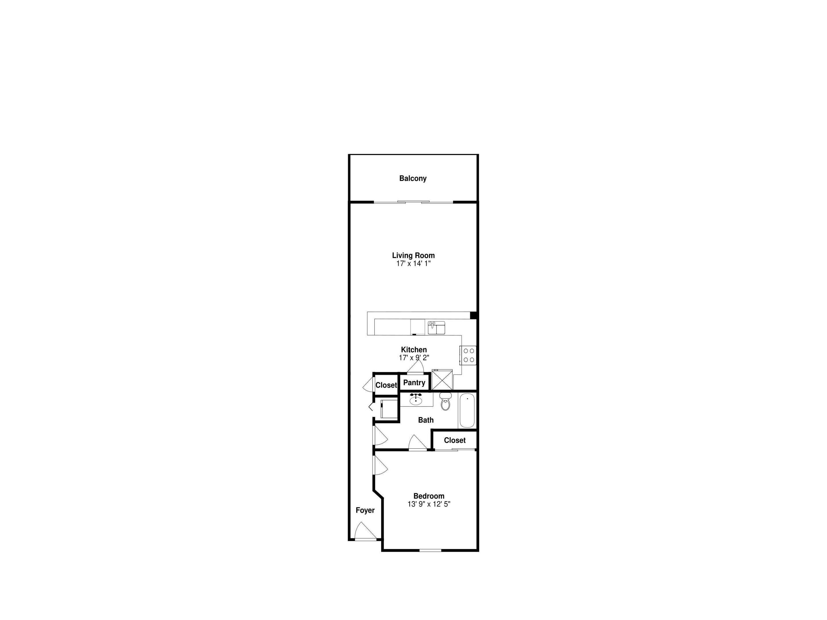 A floor plan of a studio apartment with a living room, kitchenette, bathroom, bedroom, and foyer.