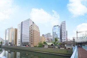 A cityscape with modern and traditional buildings, a river, and a bridge.