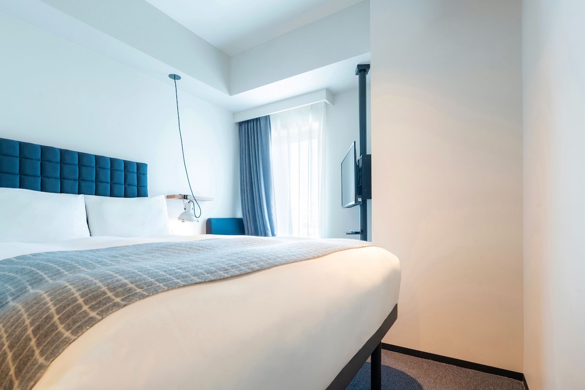 Una habitación de hotel moderna con una cama grande, un televisor de pantalla plana montado en la pared y una ventana con cortinas.