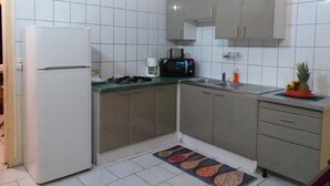 A compact kitchen with white tiled walls, a refrigerator, a microwave, a stove, and a sink. - Les Océanides Villa 2 with sea view (Le Diamant)