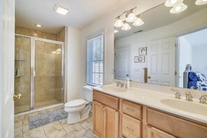 Combined shower/tub, hair dryer, soap