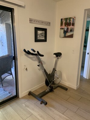 Exercise in comfort with a stationary bike and serene views.