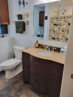 A bathroom with a toilet, sink, and mirror. There is a 'No Smoking' sign on the wall.