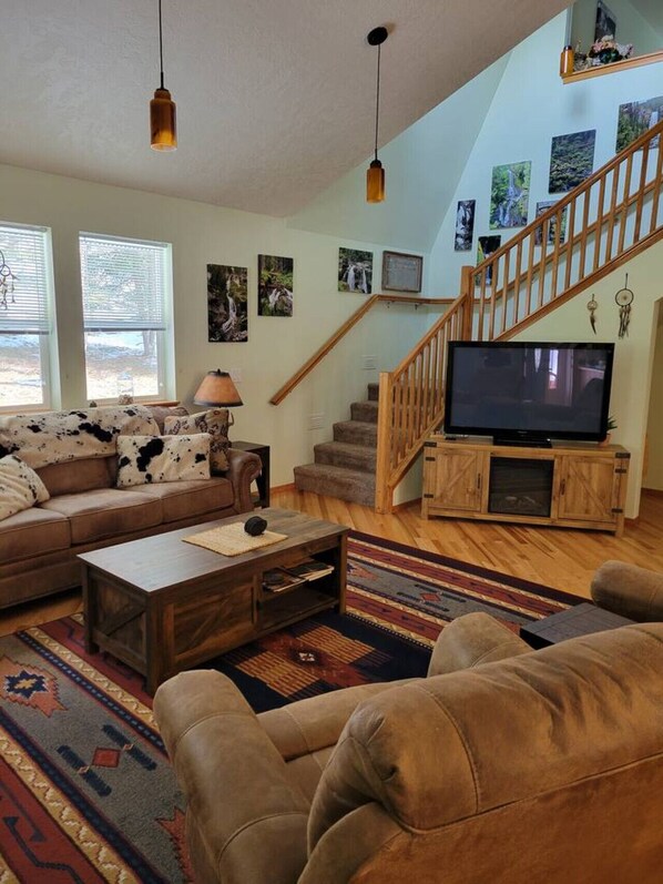 Smart TV, fireplace, DVD player, books