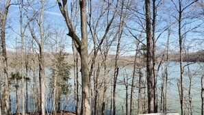 Une plateforme d’observation en béton surplombant un lac entouré d’arbres.