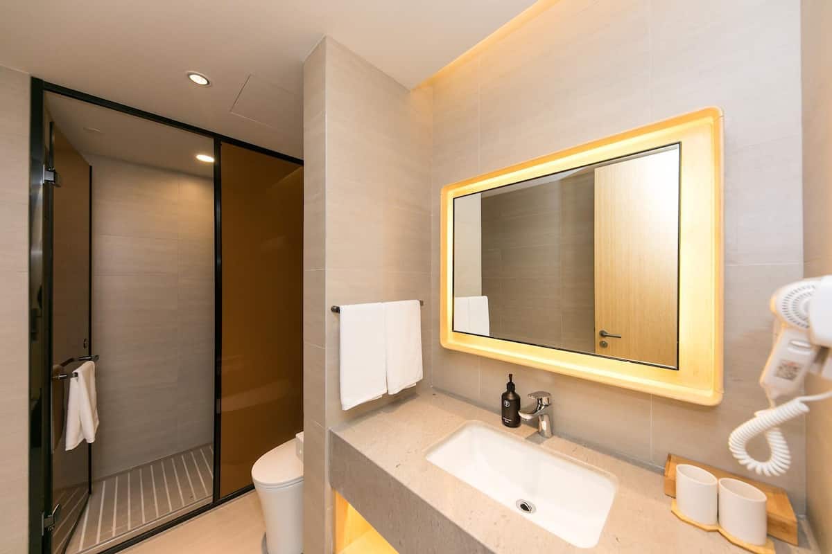 A modern bathroom with a large mirror, a sink, a toilet, and a hairdryer.