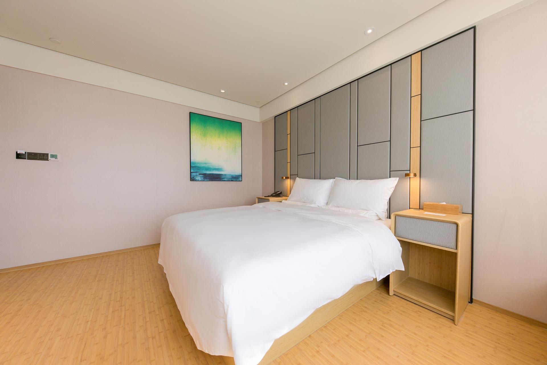 A modern hotel room with a large bed, a nightstand, a wall-mounted light, and a painting.