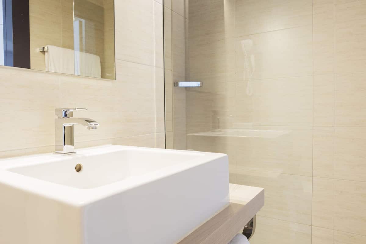 shower, rainfall showerhead, free toiletries, hair dryer