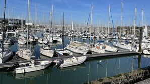 Un port de plaisance où de nombreux voiliers étaient amarrés à différents quais.