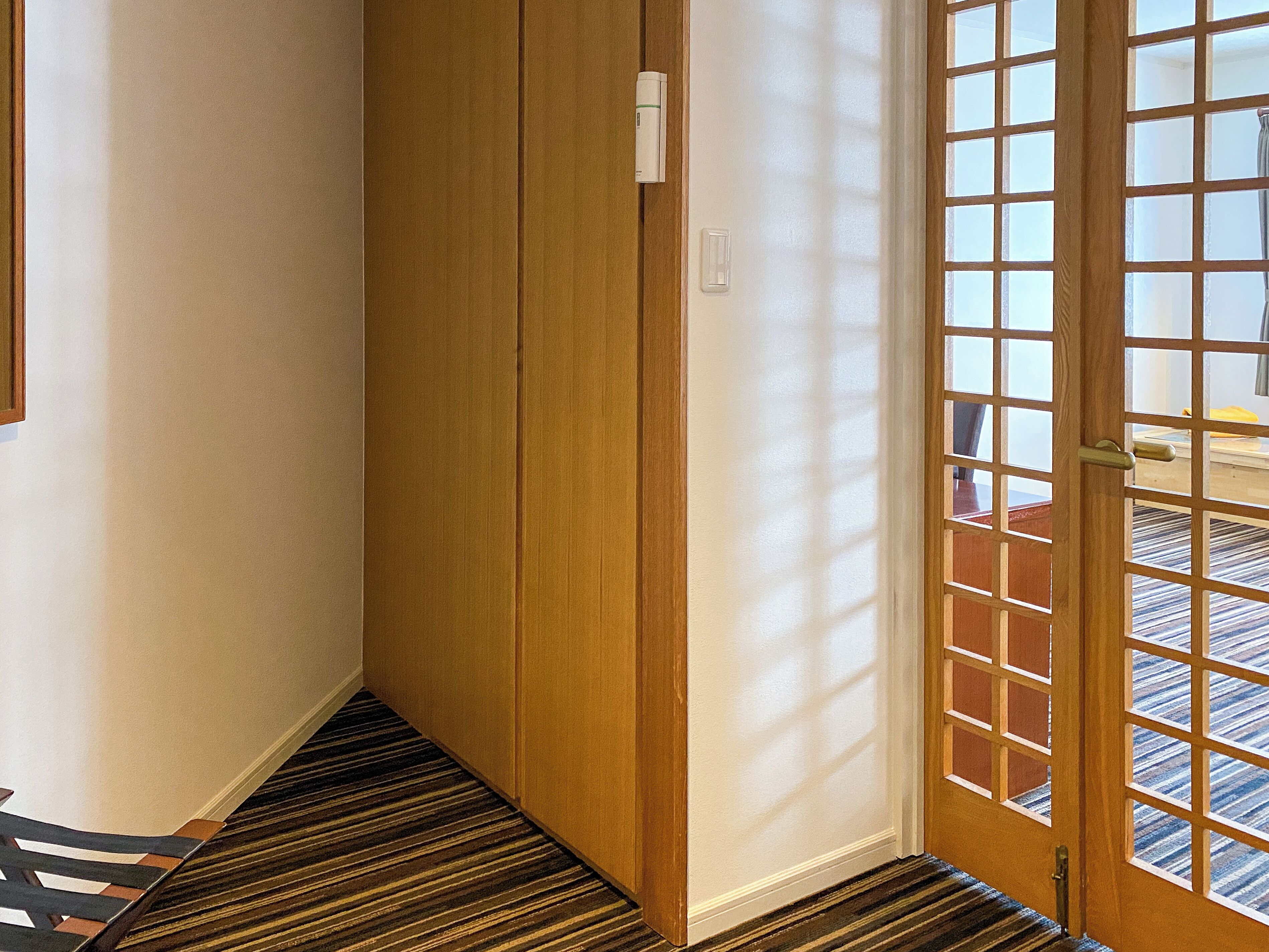 A hallway with a wooden door, a light switch, and a patterned carpet.