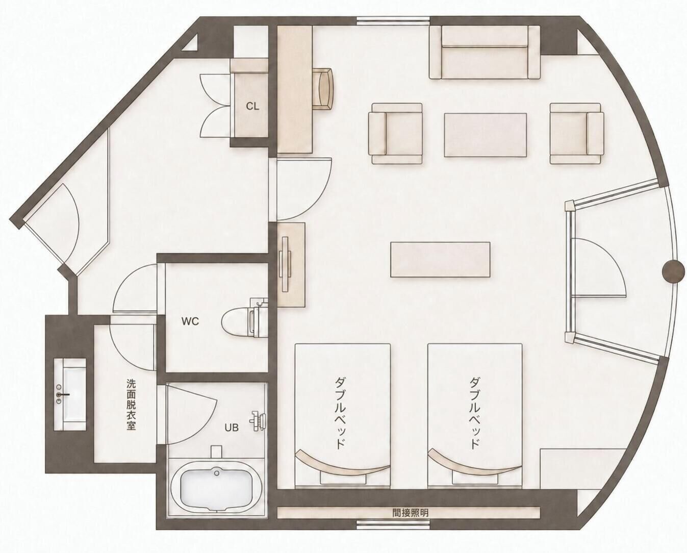 A hotel room layout with a WC, a bathroom, a sitting area, and a bed.
