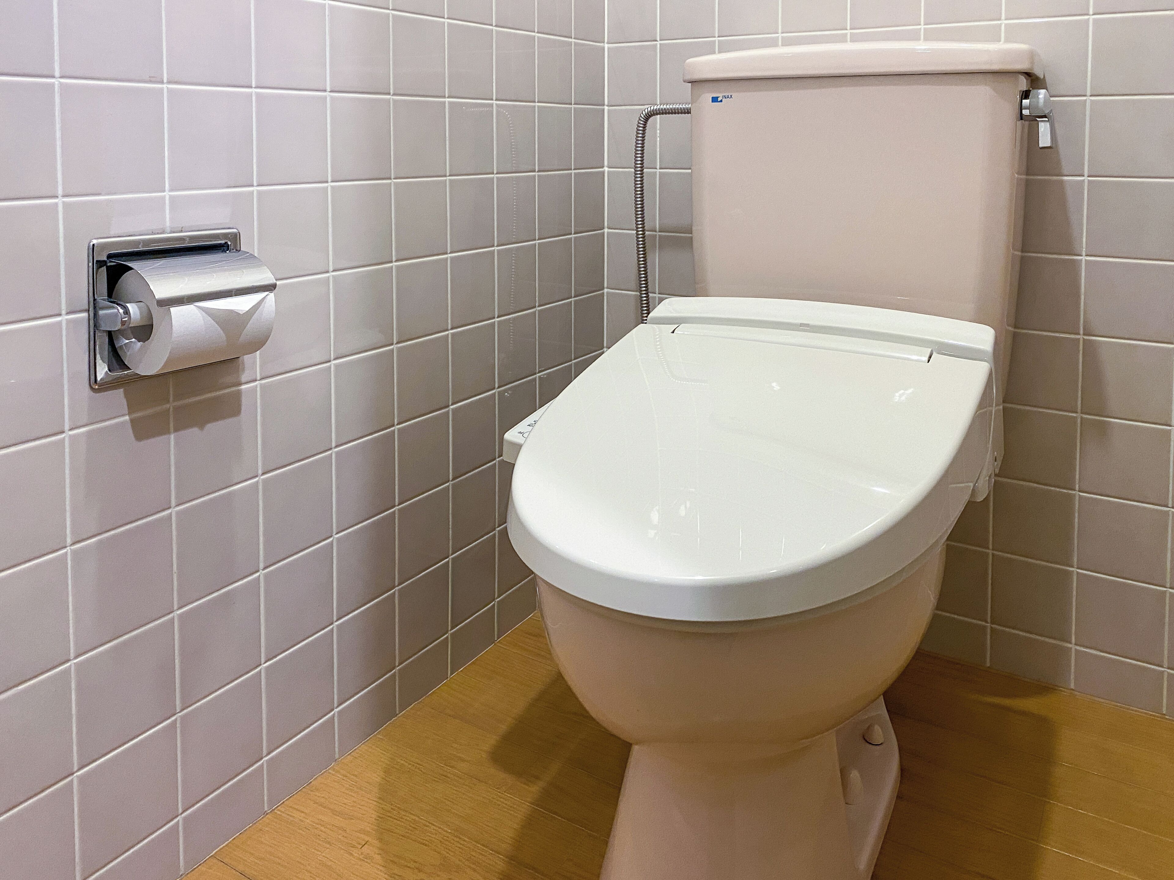 A toilet with a white lid and tank, a toilet paper holder on the wall, and a wooden floor.