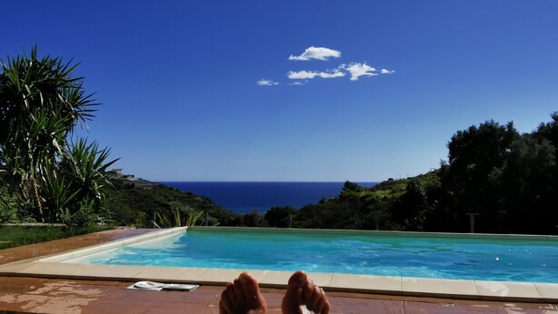 A swimming pool with a view of the ocean, surrounded by greenery.