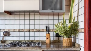 A kitchen with a gas stove, a knife block, and a potted plant.